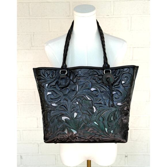 Patricia Nach Black Leather Cutout Tooled Adeline Tote Bag Pink Interior Exc. - Picture 1 of 13